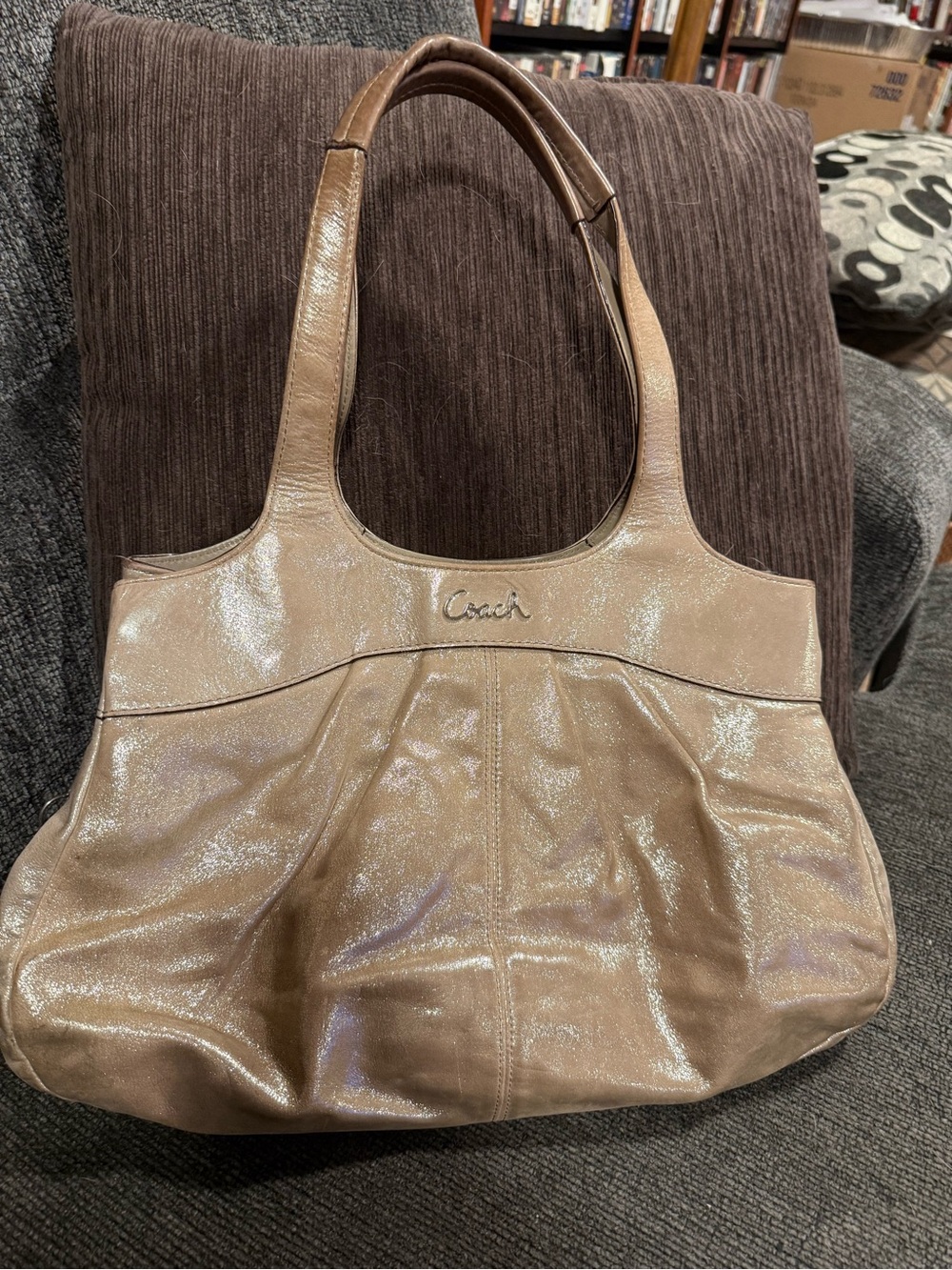 Coach Shimmer Leather Shoulder Bag in Light Beige